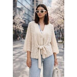 MOD BE Off-White Belted Open-Knit Cardigan Poncho Feminine Chic Spring Ready LG